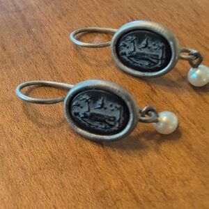 Elegant Silver and Black Earrings with Pearl Accent